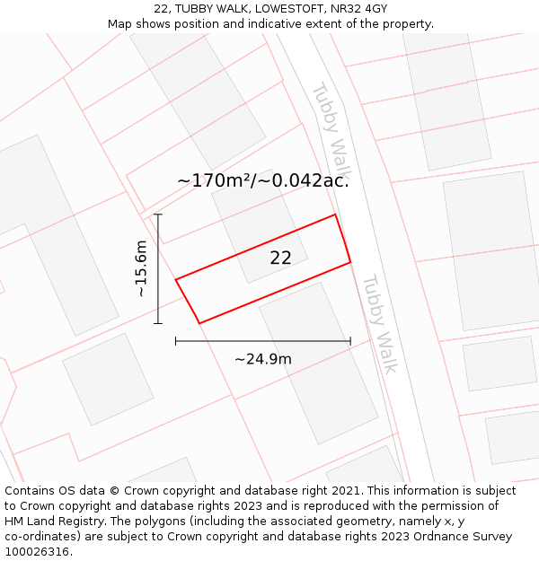 22, TUBBY WALK, LOWESTOFT, NR32 4GY: Plot and title map