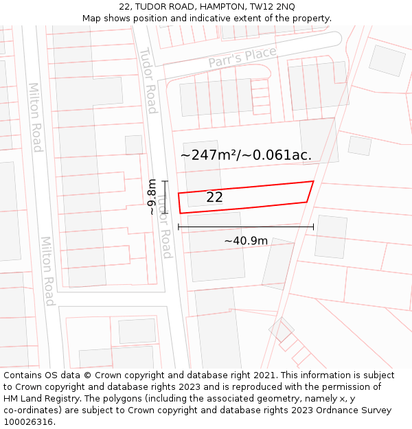 22, TUDOR ROAD, HAMPTON, TW12 2NQ: Plot and title map