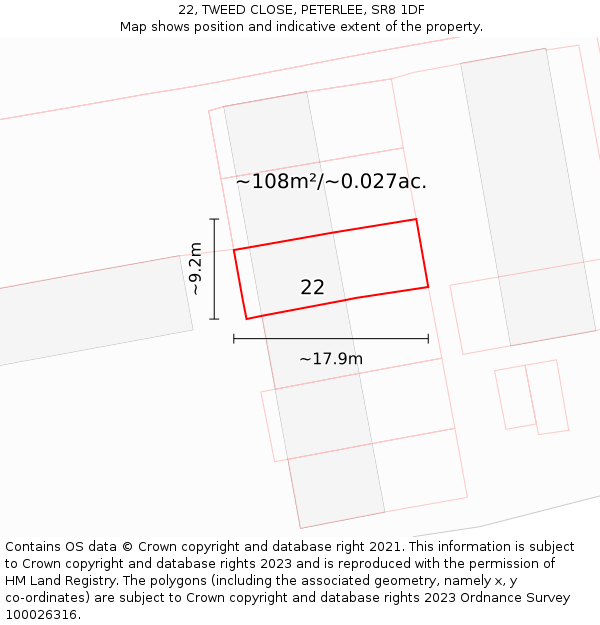 22, TWEED CLOSE, PETERLEE, SR8 1DF: Plot and title map
