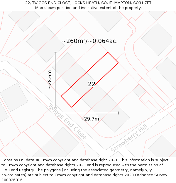 22, TWIGGS END CLOSE, LOCKS HEATH, SOUTHAMPTON, SO31 7ET: Plot and title map