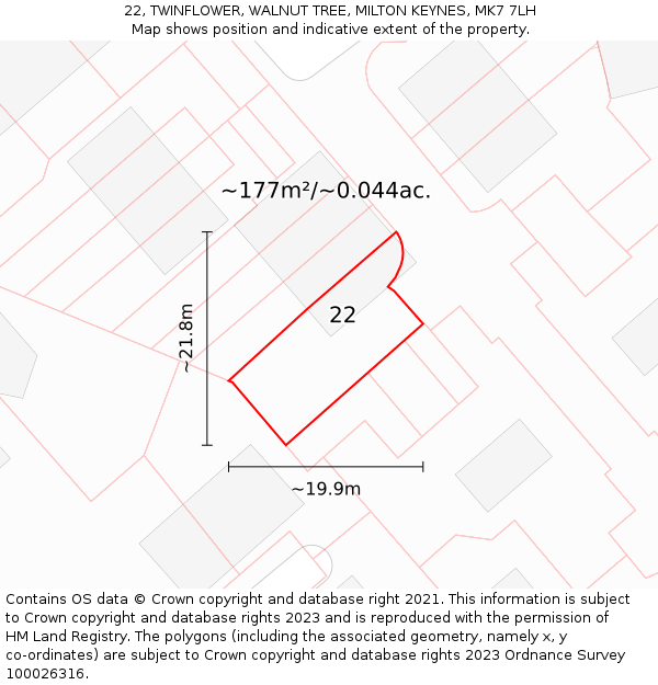 22, TWINFLOWER, WALNUT TREE, MILTON KEYNES, MK7 7LH: Plot and title map