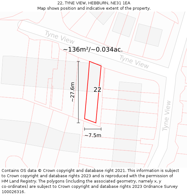22, TYNE VIEW, HEBBURN, NE31 1EA: Plot and title map
