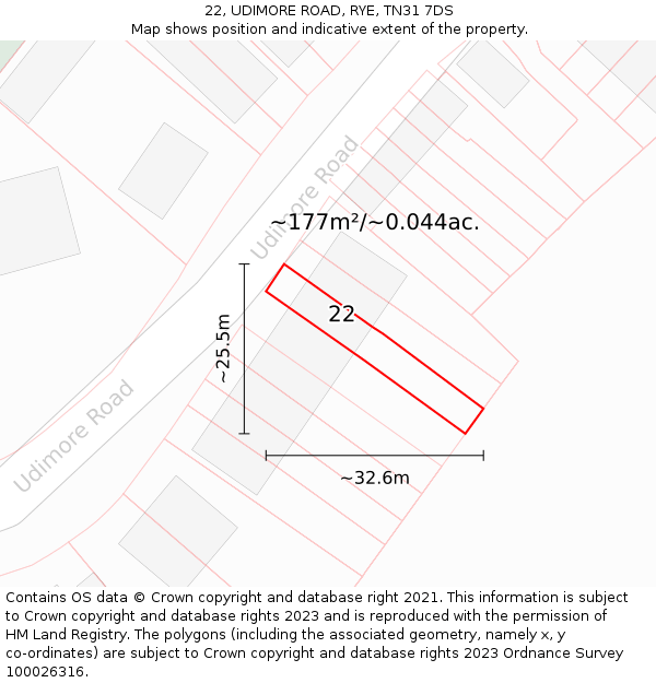 22, UDIMORE ROAD, RYE, TN31 7DS: Plot and title map