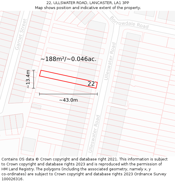 22, ULLSWATER ROAD, LANCASTER, LA1 3PP: Plot and title map