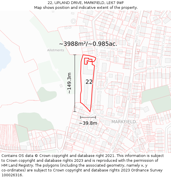 22, UPLAND DRIVE, MARKFIELD, LE67 9WF: Plot and title map