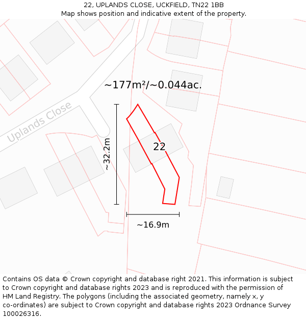 22, UPLANDS CLOSE, UCKFIELD, TN22 1BB: Plot and title map