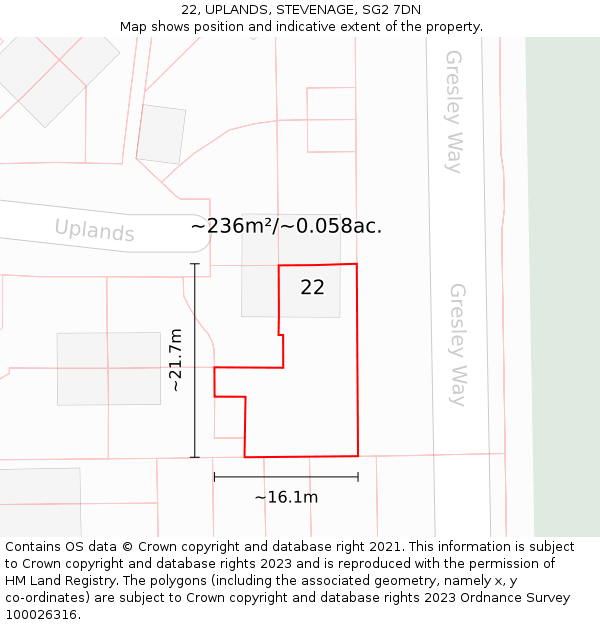 22, UPLANDS, STEVENAGE, SG2 7DN: Plot and title map