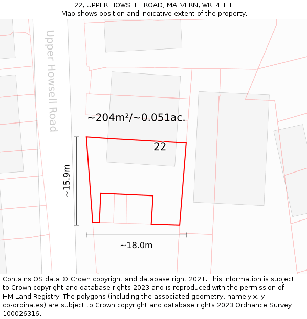 22, UPPER HOWSELL ROAD, MALVERN, WR14 1TL: Plot and title map