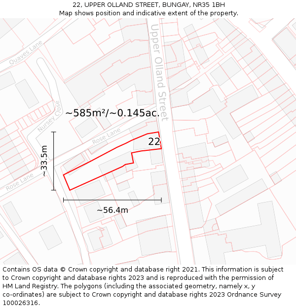 22, UPPER OLLAND STREET, BUNGAY, NR35 1BH: Plot and title map