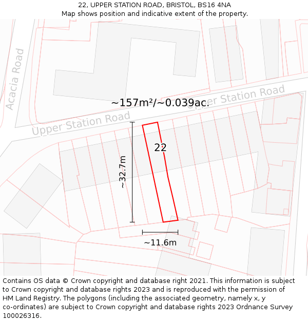 22, UPPER STATION ROAD, BRISTOL, BS16 4NA: Plot and title map