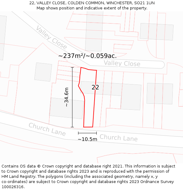 22, VALLEY CLOSE, COLDEN COMMON, WINCHESTER, SO21 1UN: Plot and title map