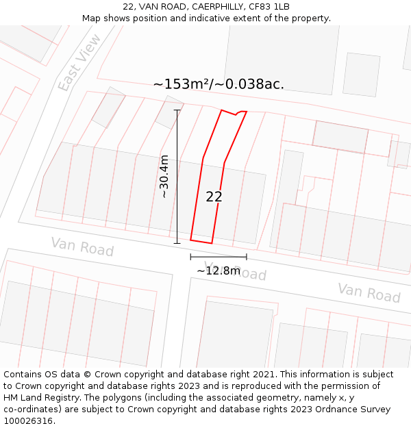 22, VAN ROAD, CAERPHILLY, CF83 1LB: Plot and title map