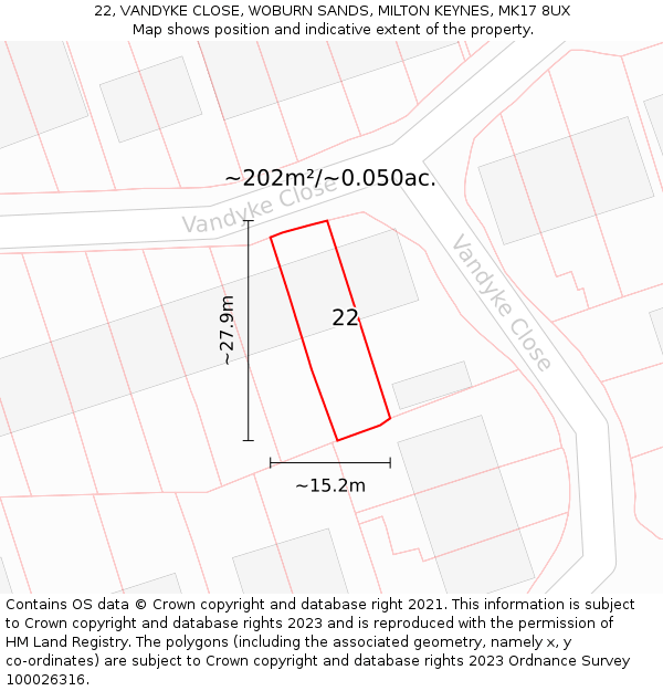 22, VANDYKE CLOSE, WOBURN SANDS, MILTON KEYNES, MK17 8UX: Plot and title map