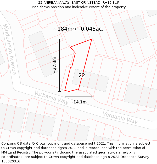 22, VERBANIA WAY, EAST GRINSTEAD, RH19 3UP: Plot and title map