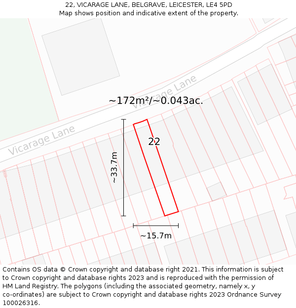 22, VICARAGE LANE, BELGRAVE, LEICESTER, LE4 5PD: Plot and title map
