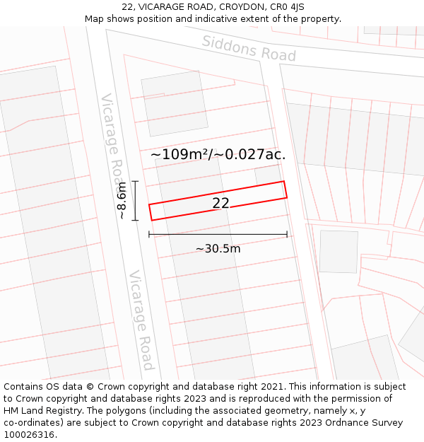 22, VICARAGE ROAD, CROYDON, CR0 4JS: Plot and title map