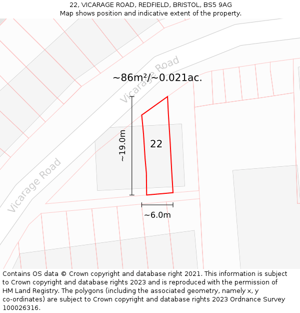 22, VICARAGE ROAD, REDFIELD, BRISTOL, BS5 9AG: Plot and title map
