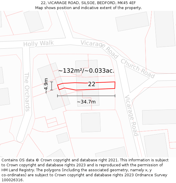 22, VICARAGE ROAD, SILSOE, BEDFORD, MK45 4EF: Plot and title map