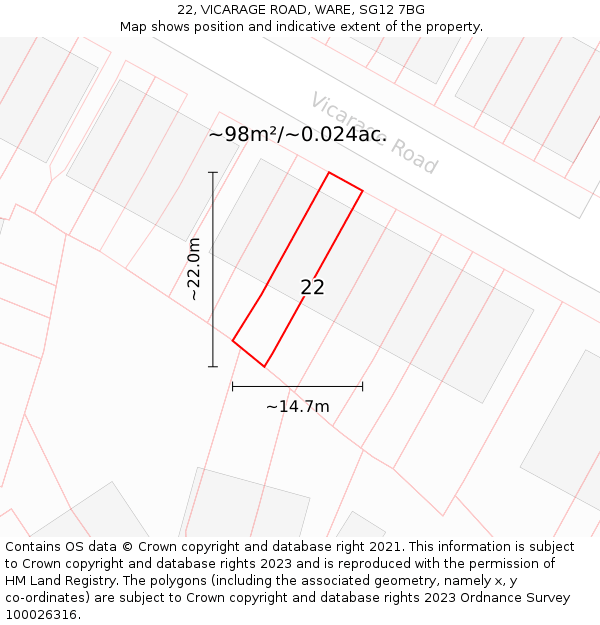 22, VICARAGE ROAD, WARE, SG12 7BG: Plot and title map