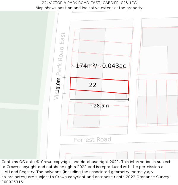 22, VICTORIA PARK ROAD EAST, CARDIFF, CF5 1EG: Plot and title map