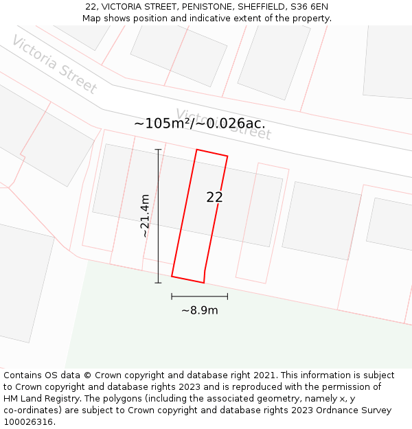 22, VICTORIA STREET, PENISTONE, SHEFFIELD, S36 6EN: Plot and title map