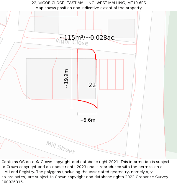 22, VIGOR CLOSE, EAST MALLING, WEST MALLING, ME19 6FS: Plot and title map