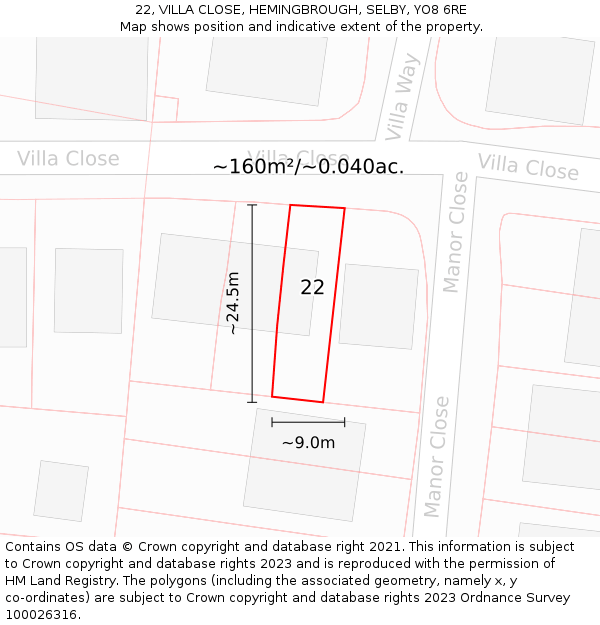22, VILLA CLOSE, HEMINGBROUGH, SELBY, YO8 6RE: Plot and title map