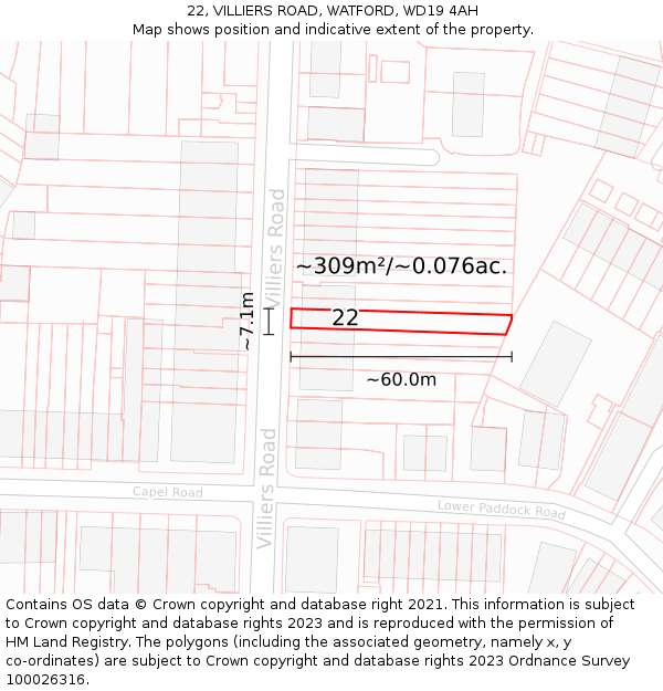 22, VILLIERS ROAD, WATFORD, WD19 4AH: Plot and title map