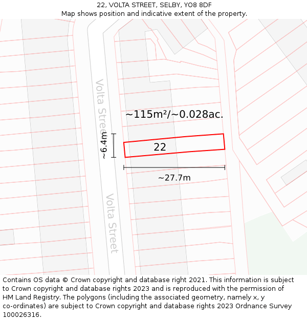 22, VOLTA STREET, SELBY, YO8 8DF: Plot and title map