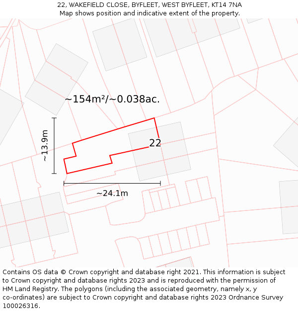 22, WAKEFIELD CLOSE, BYFLEET, WEST BYFLEET, KT14 7NA: Plot and title map