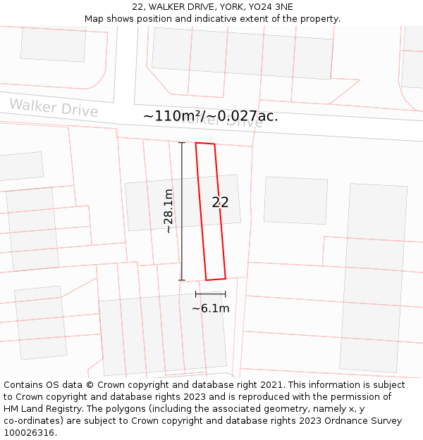 22, WALKER DRIVE, YORK, YO24 3NE: Plot and title map