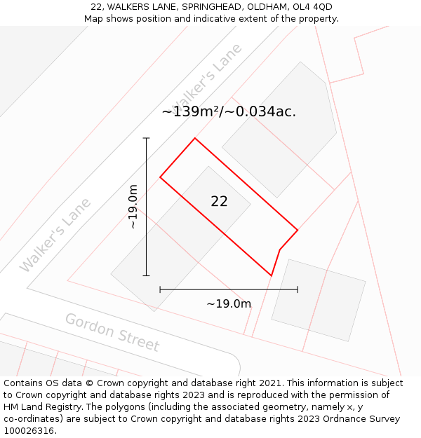 22, WALKERS LANE, SPRINGHEAD, OLDHAM, OL4 4QD: Plot and title map