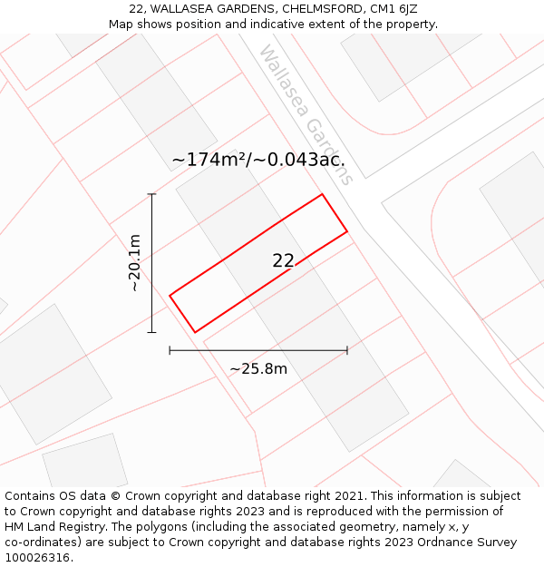 22, WALLASEA GARDENS, CHELMSFORD, CM1 6JZ: Plot and title map