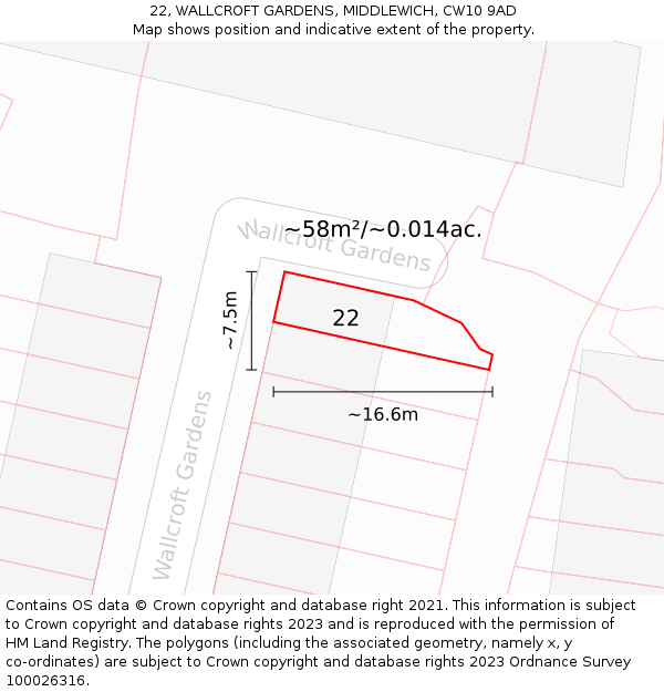 22, WALLCROFT GARDENS, MIDDLEWICH, CW10 9AD: Plot and title map