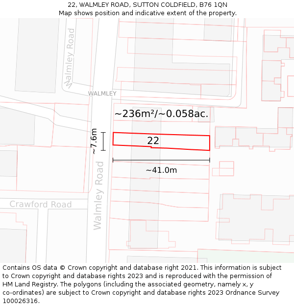 22, WALMLEY ROAD, SUTTON COLDFIELD, B76 1QN: Plot and title map