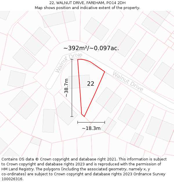 22, WALNUT DRIVE, FAREHAM, PO14 2DH: Plot and title map