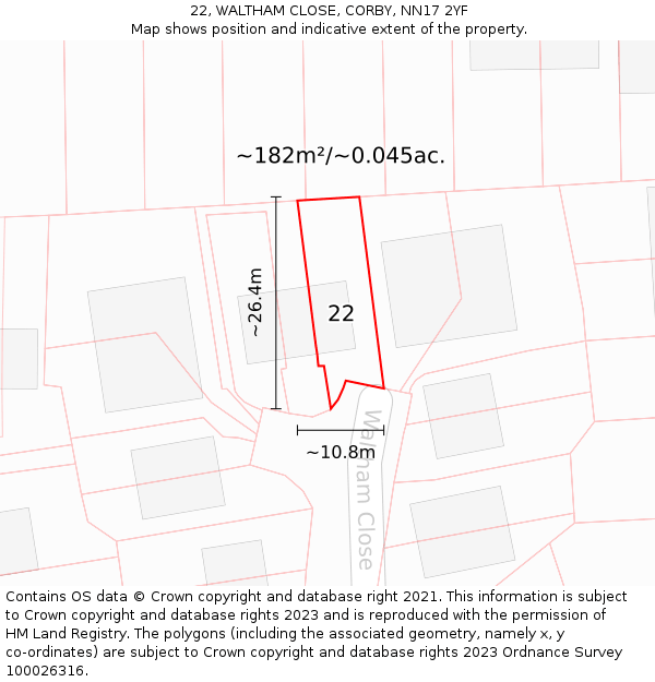 22, WALTHAM CLOSE, CORBY, NN17 2YF: Plot and title map