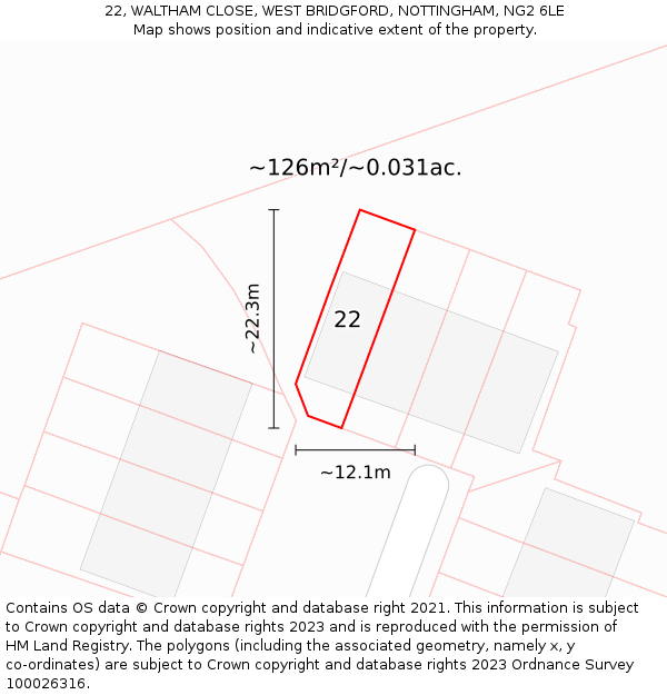 22, WALTHAM CLOSE, WEST BRIDGFORD, NOTTINGHAM, NG2 6LE: Plot and title map