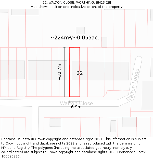 22, WALTON CLOSE, WORTHING, BN13 2BJ: Plot and title map