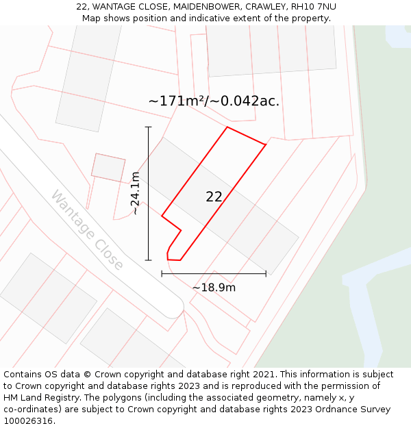 22, WANTAGE CLOSE, MAIDENBOWER, CRAWLEY, RH10 7NU: Plot and title map