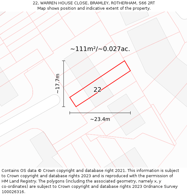 22, WARREN HOUSE CLOSE, BRAMLEY, ROTHERHAM, S66 2RT: Plot and title map