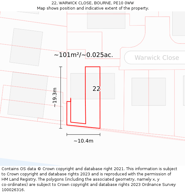 22, WARWICK CLOSE, BOURNE, PE10 0WW: Plot and title map