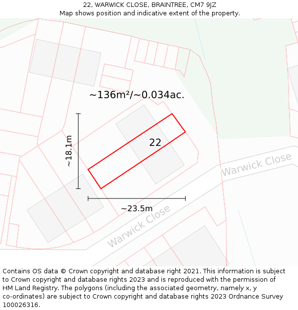 22, WARWICK CLOSE, BRAINTREE, CM7 9JZ: Plot and title map
