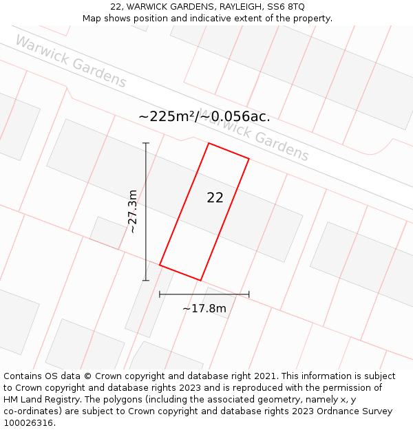 22, WARWICK GARDENS, RAYLEIGH, SS6 8TQ: Plot and title map
