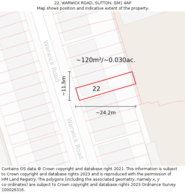 22, WARWICK ROAD, SUTTON, SM1 4AP: Plot and title map