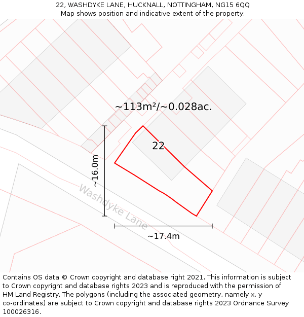 22, WASHDYKE LANE, HUCKNALL, NOTTINGHAM, NG15 6QQ: Plot and title map