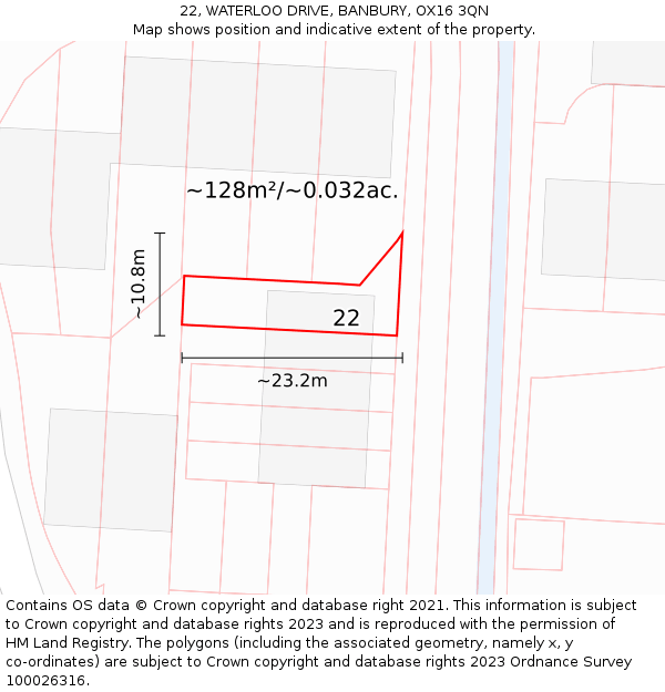 22, WATERLOO DRIVE, BANBURY, OX16 3QN: Plot and title map