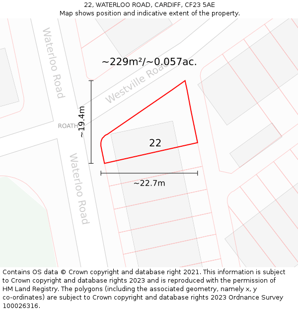 22, WATERLOO ROAD, CARDIFF, CF23 5AE: Plot and title map