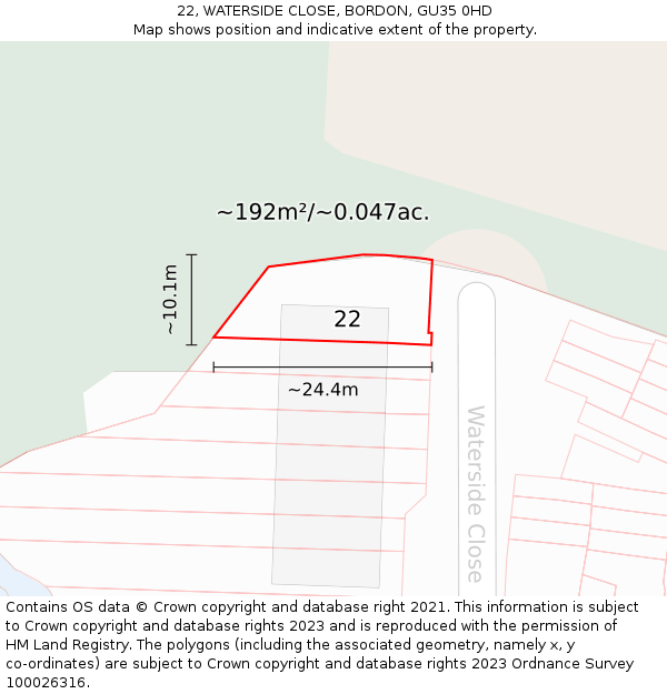 22, WATERSIDE CLOSE, BORDON, GU35 0HD: Plot and title map