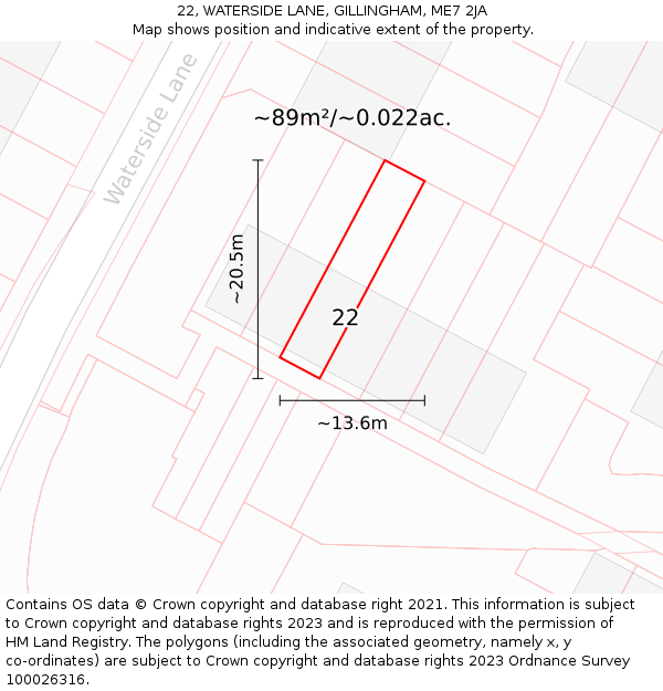 22, WATERSIDE LANE, GILLINGHAM, ME7 2JA: Plot and title map